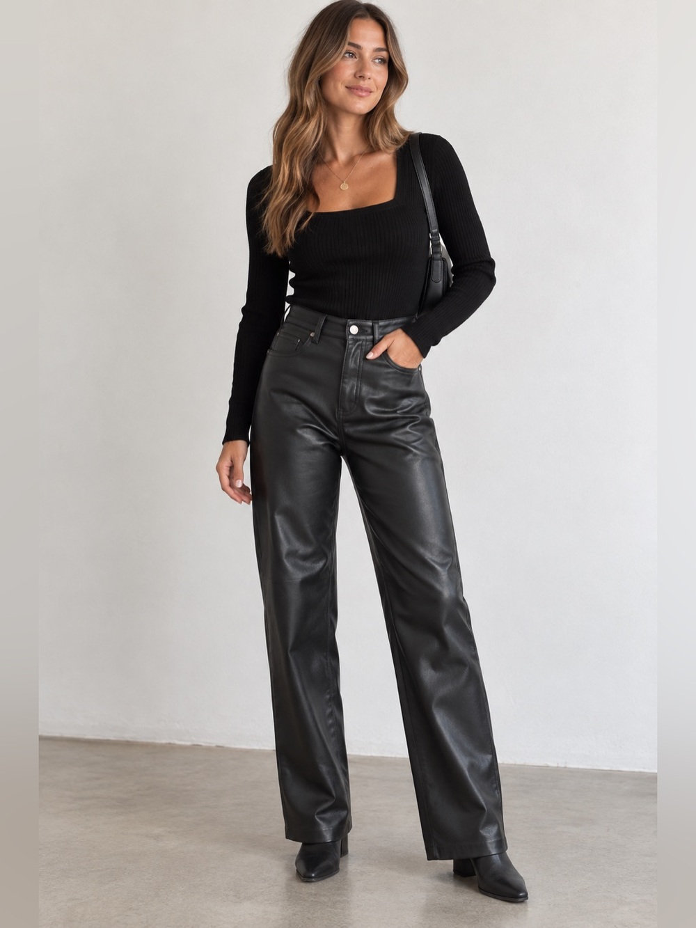 Aritzia Wilfred The Melina Black Faux Leather Stright-Leg Pants